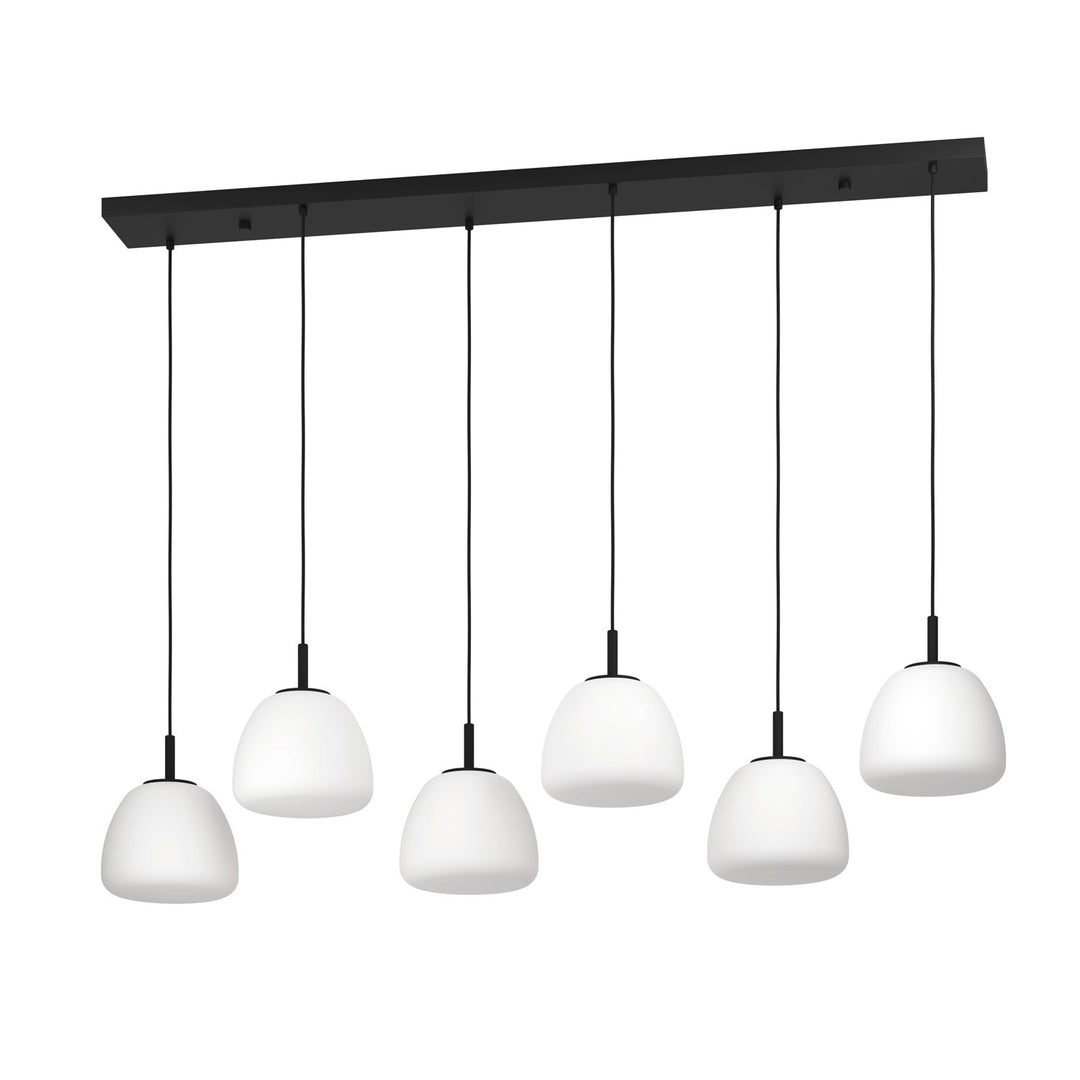 6 Light Linear Pendant W/ Black Finish & White Opal Glass Shades by Eglo