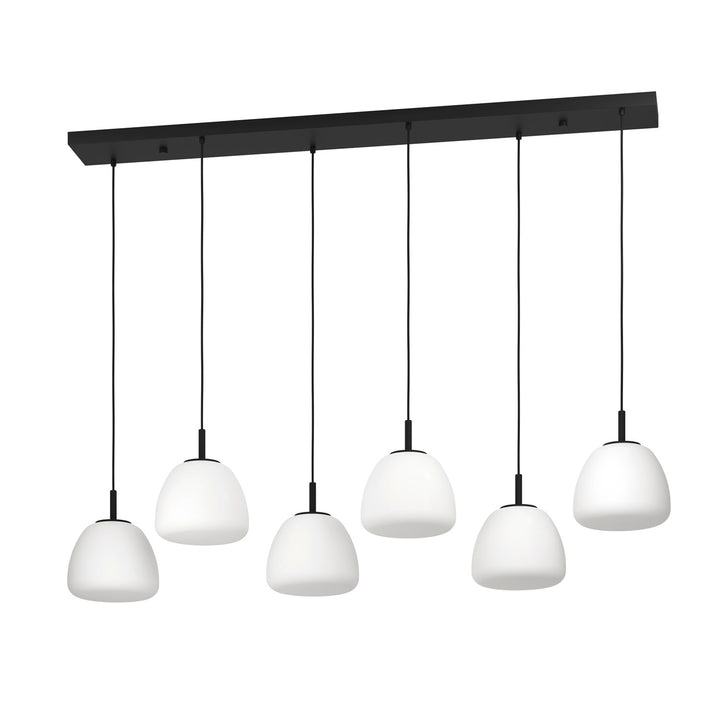 6 Light Linear Pendant W/ Black Finish & White Opal Glass Shades by Eglo