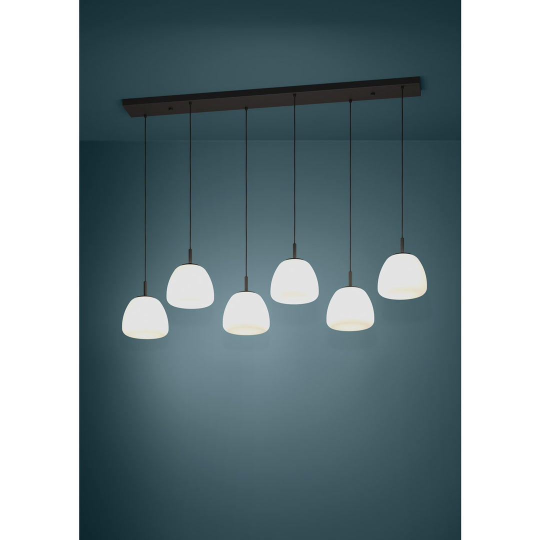 6 Light Linear Pendant W/ Black Finish & White Opal Glass Shades
