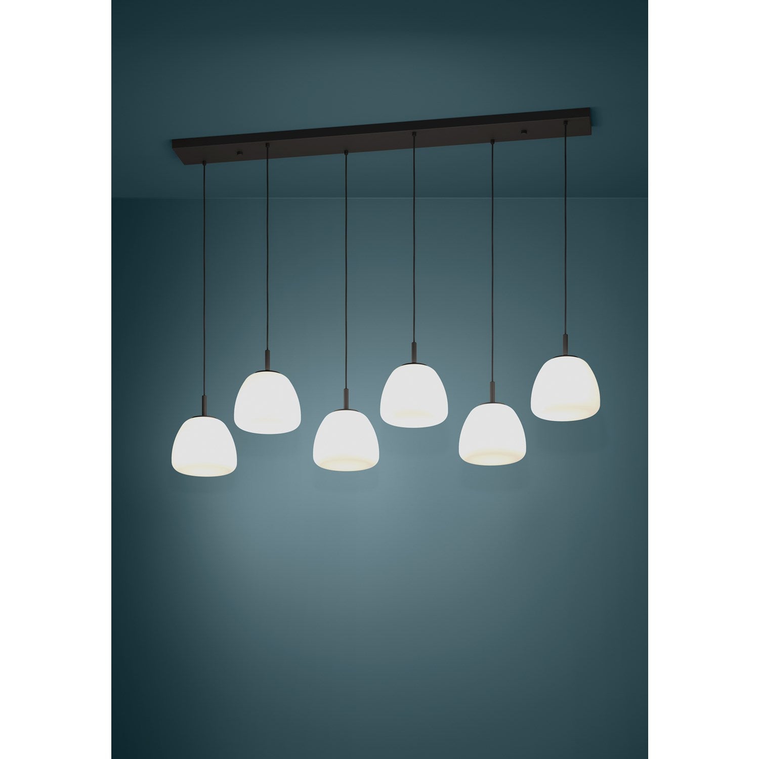 6 Light Linear Pendant W/ Black Finish & White Opal Glass Shades