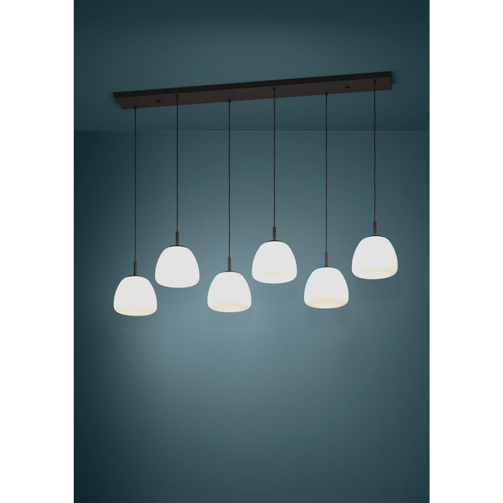 6 Light Linear Pendant W/ Black Finish & White Opal Glass Shades