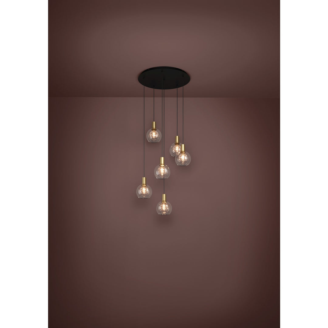 6 Light Led Cascade Pendant W/ Black Finish & Brushed Gold Accents