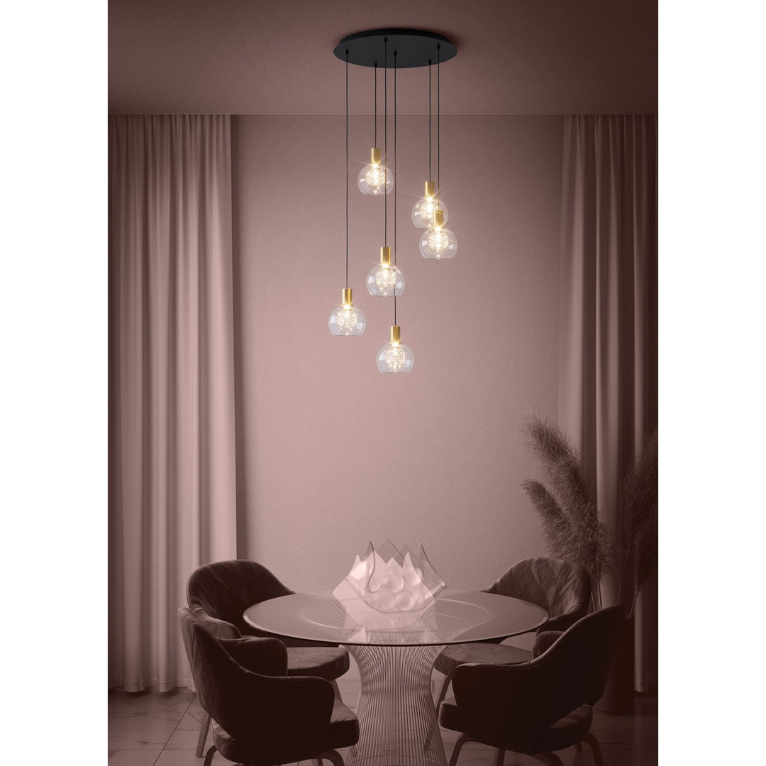 6 Light Led Cascade Pendant W/ Black Finish & Brushed Gold Accents