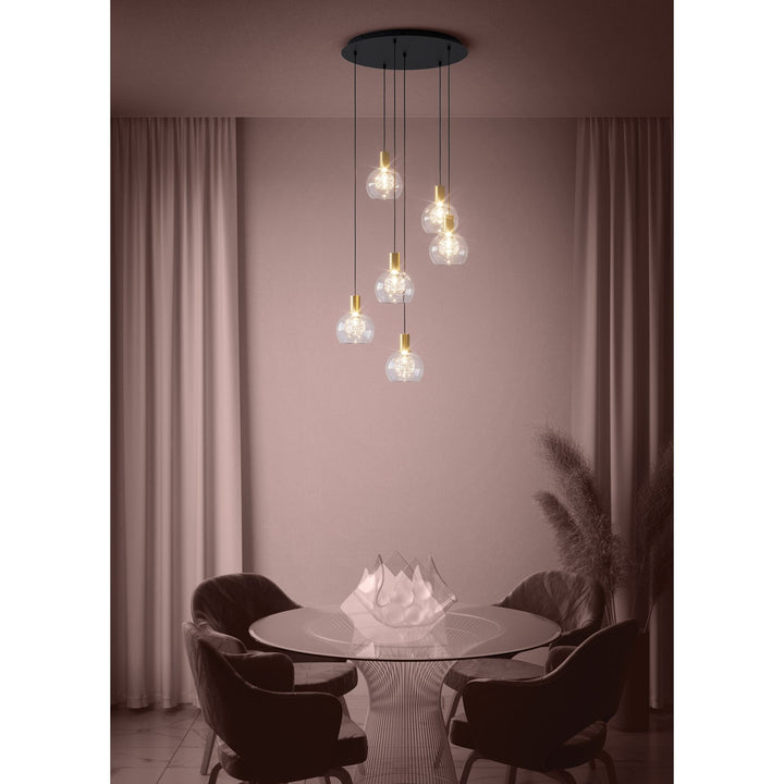 6 Light Led Cascade Pendant W/ Black Finish & Brushed Gold Accents