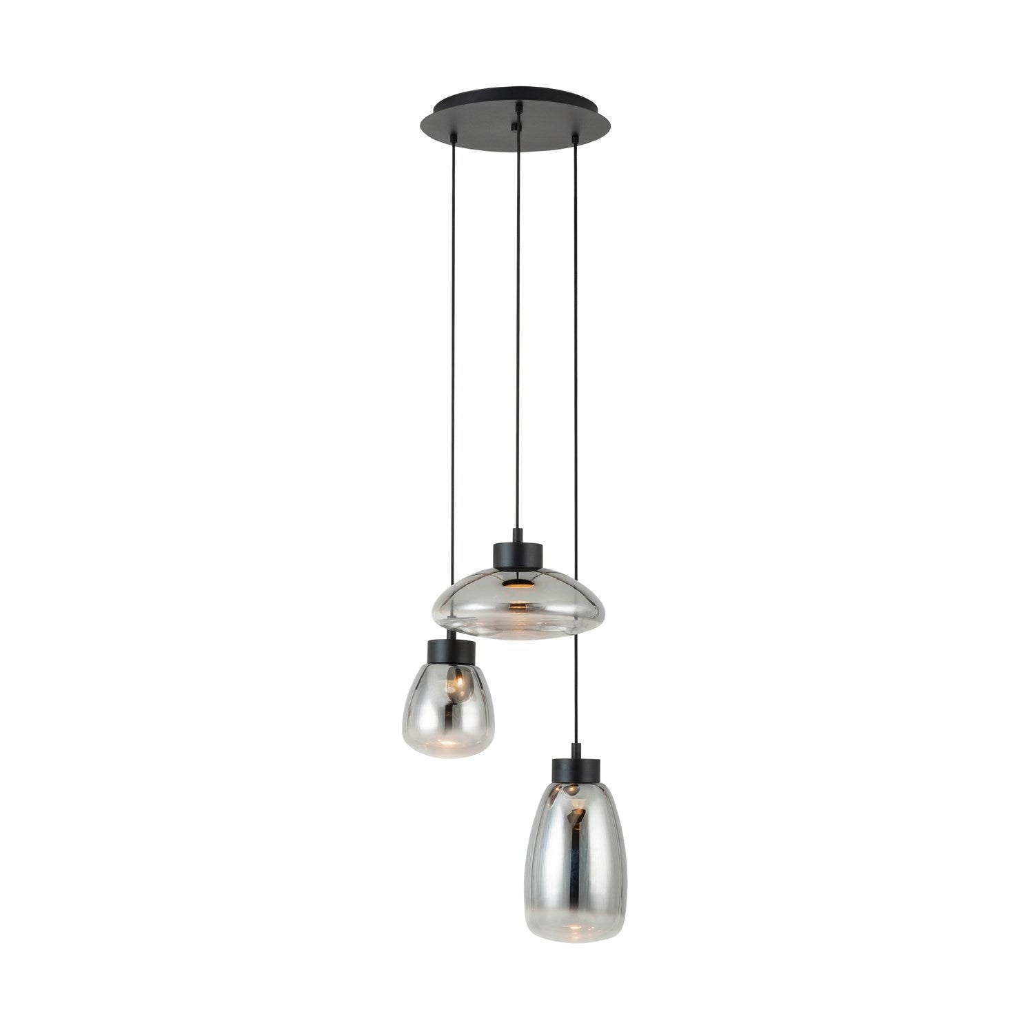 3 Light Cascade Pendant W/ Black Finish & Chrome Smoked Glass Shades by Eglo
