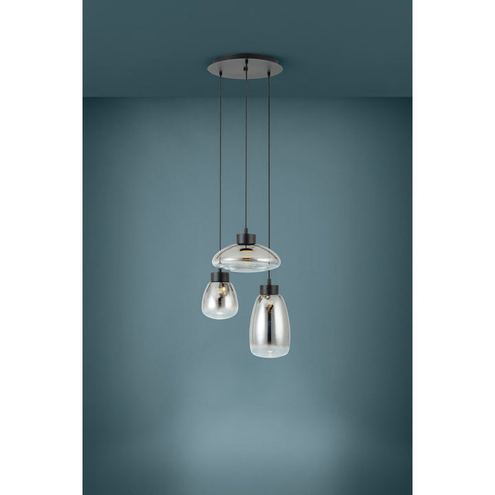 3 Light Cascade Pendant W/ Black Finish & Chrome Smoked Glass Shades