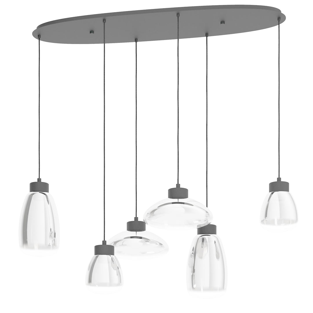 6 Light Linear Pendant W/ Black Finish & Chrome Smoked Glass Shades by Eglo