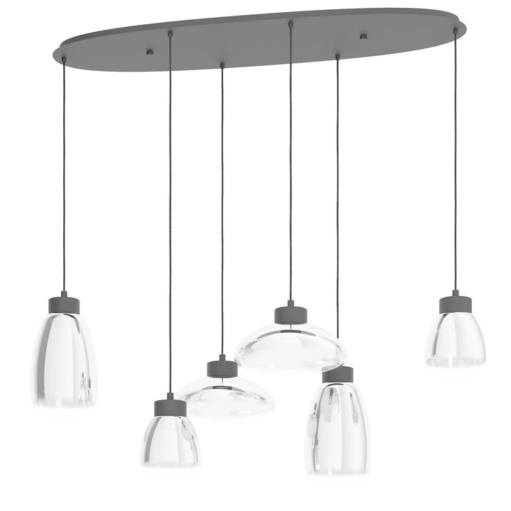 6 Light Linear Pendant W/ Black Finish & Chrome Smoked Glass Shades by Eglo