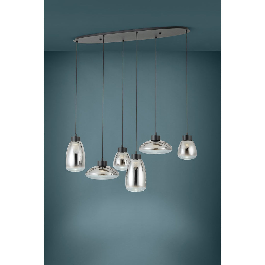 6 Light Linear Pendant W/ Black Finish & Chrome Smoked Glass Shades