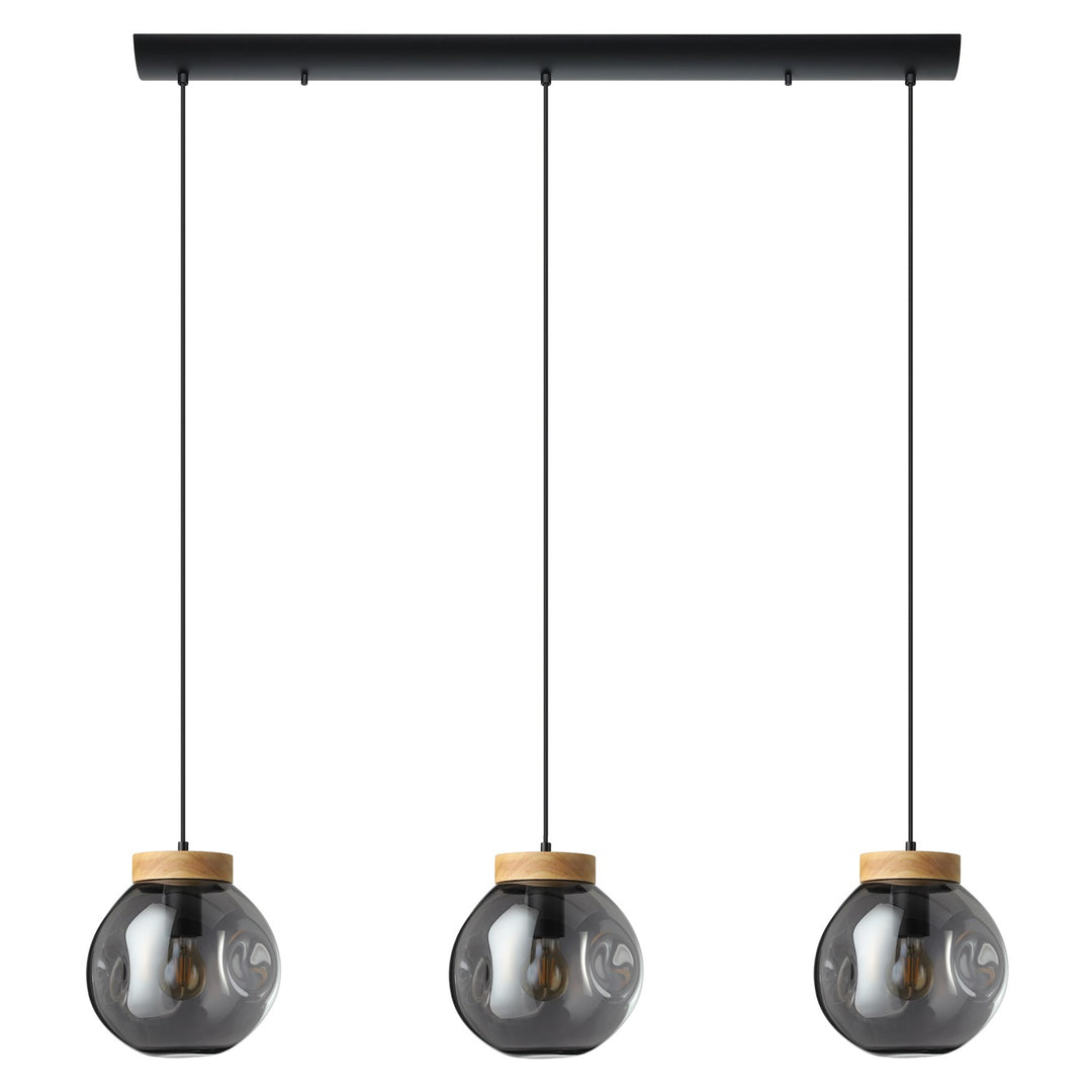 3 Light Linear Pendant Black W/ Wood Accent Finish & Chrome Smoked Glass Shade by Eglo