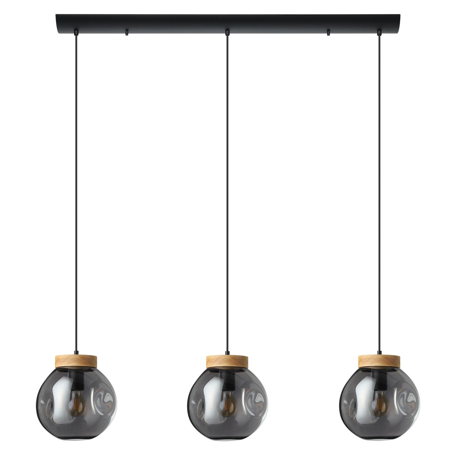 3 Light Linear Pendant Black W/ Wood Accent Finish & Chrome Smoked Glass Shade by Eglo