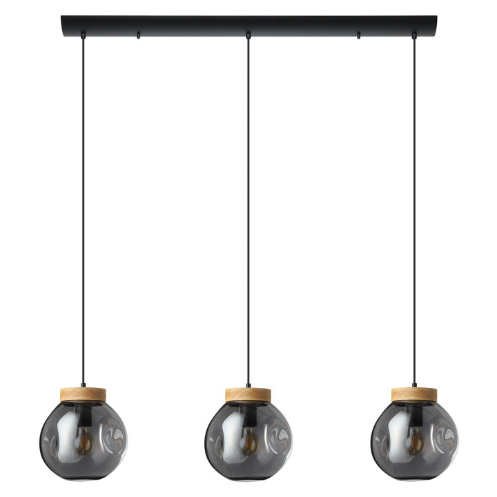 3 Light Linear Pendant Black W/ Wood Accent Finish & Chrome Smoked Glass Shade by Eglo