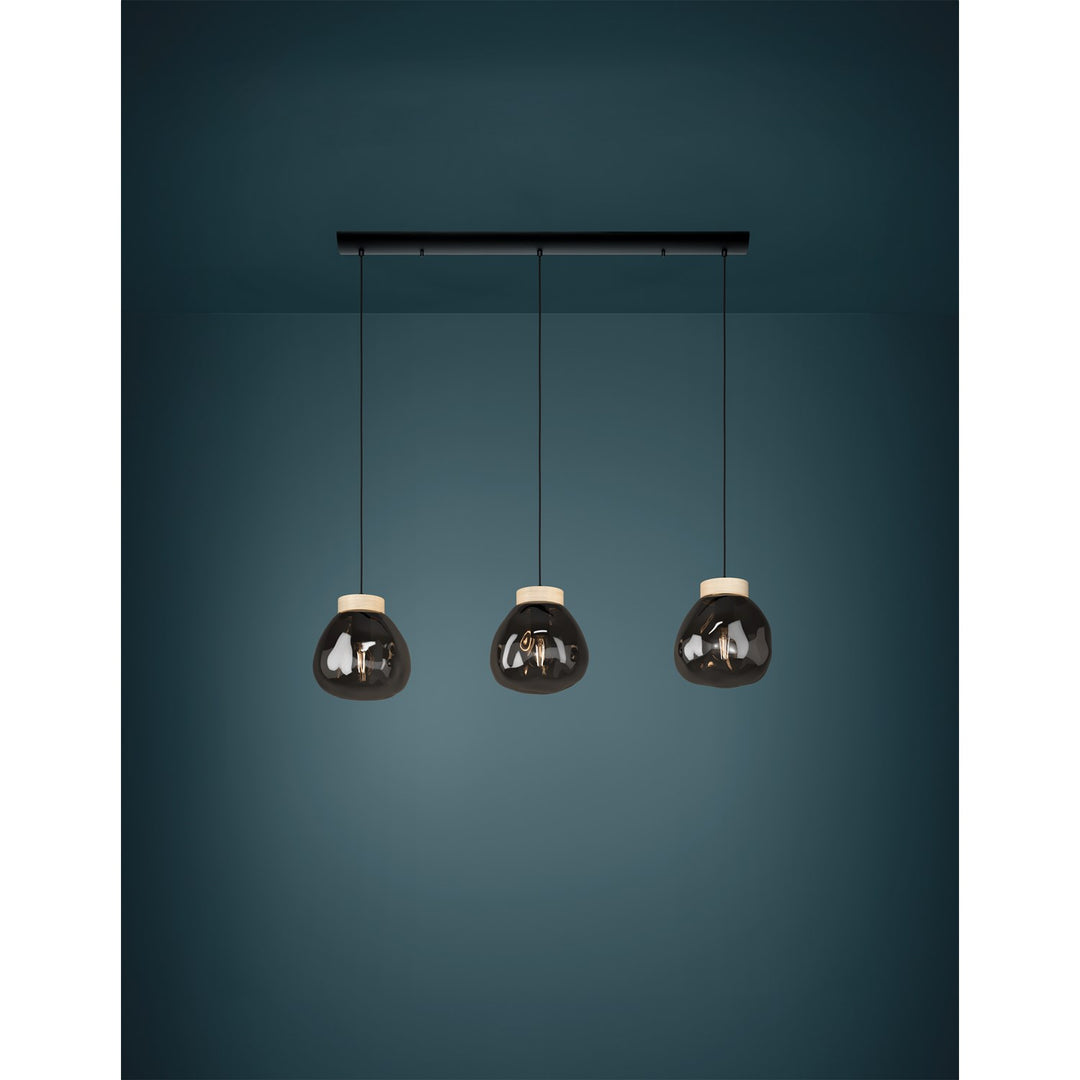 3 Light Linear Pendant Black W/ Wood Accent Finish & Chrome Smoked Glass Shade