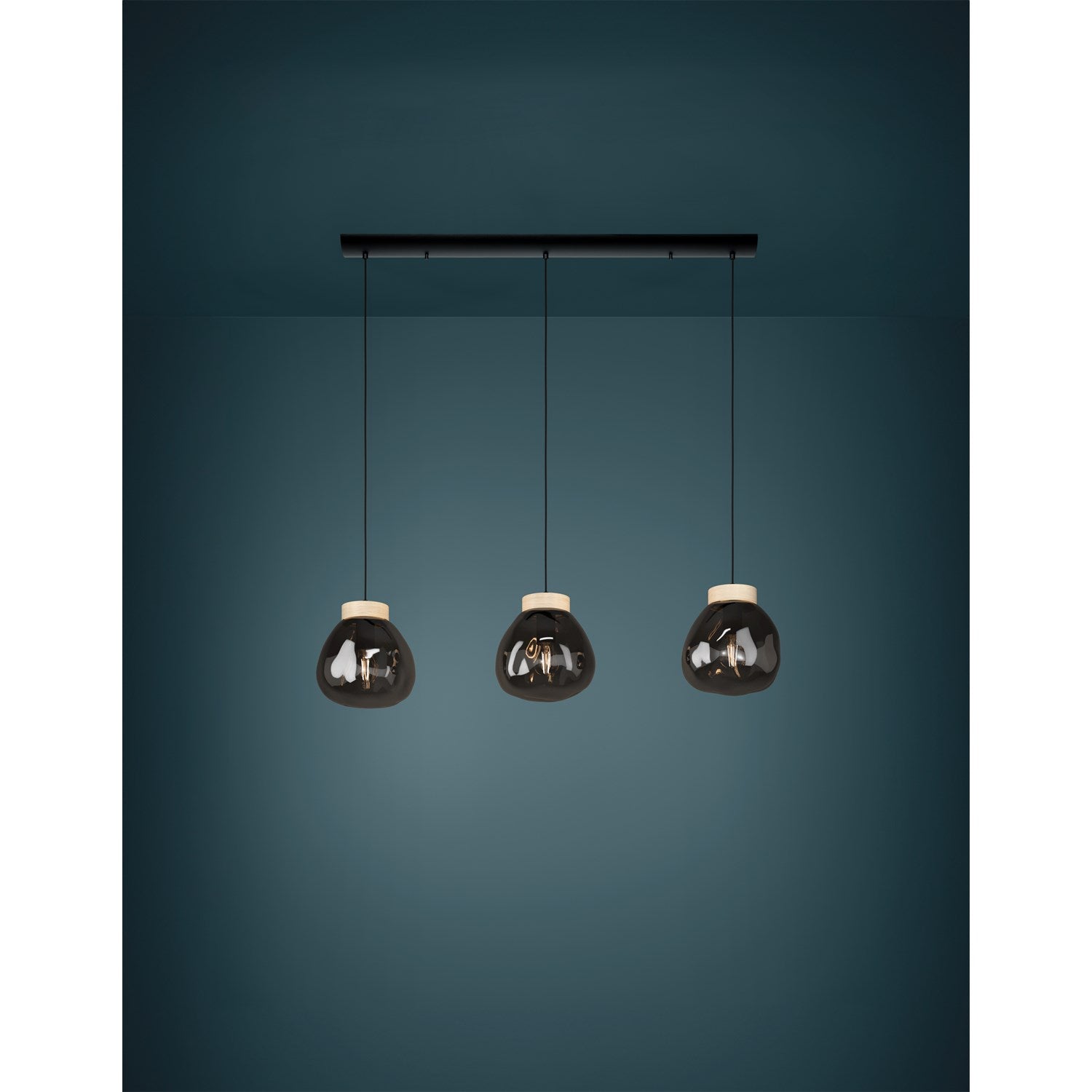 3 Light Linear Pendant Black W/ Wood Accent Finish & Chrome Smoked Glass Shade
