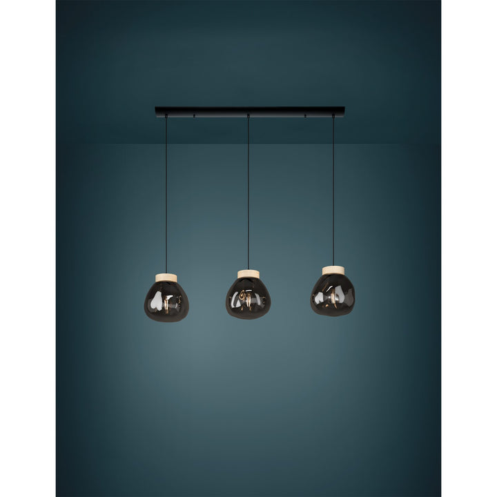 3 Light Linear Pendant Black W/ Wood Accent Finish & Chrome Smoked Glass Shade