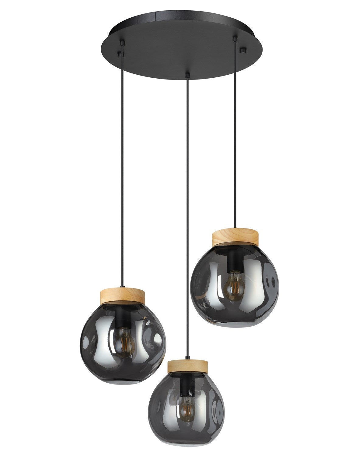 3 Light Cascade Pendant Black W/ Wood Accent Finish & Chrome Smoked Glass Shade by Eglo