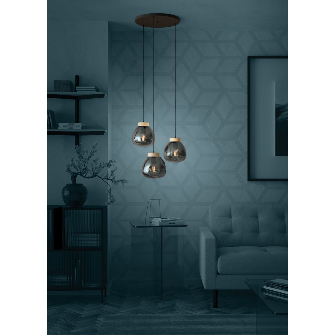 3 Light Cascade Pendant Black W/ Wood Accent Finish & Chrome Smoked Glass Shade