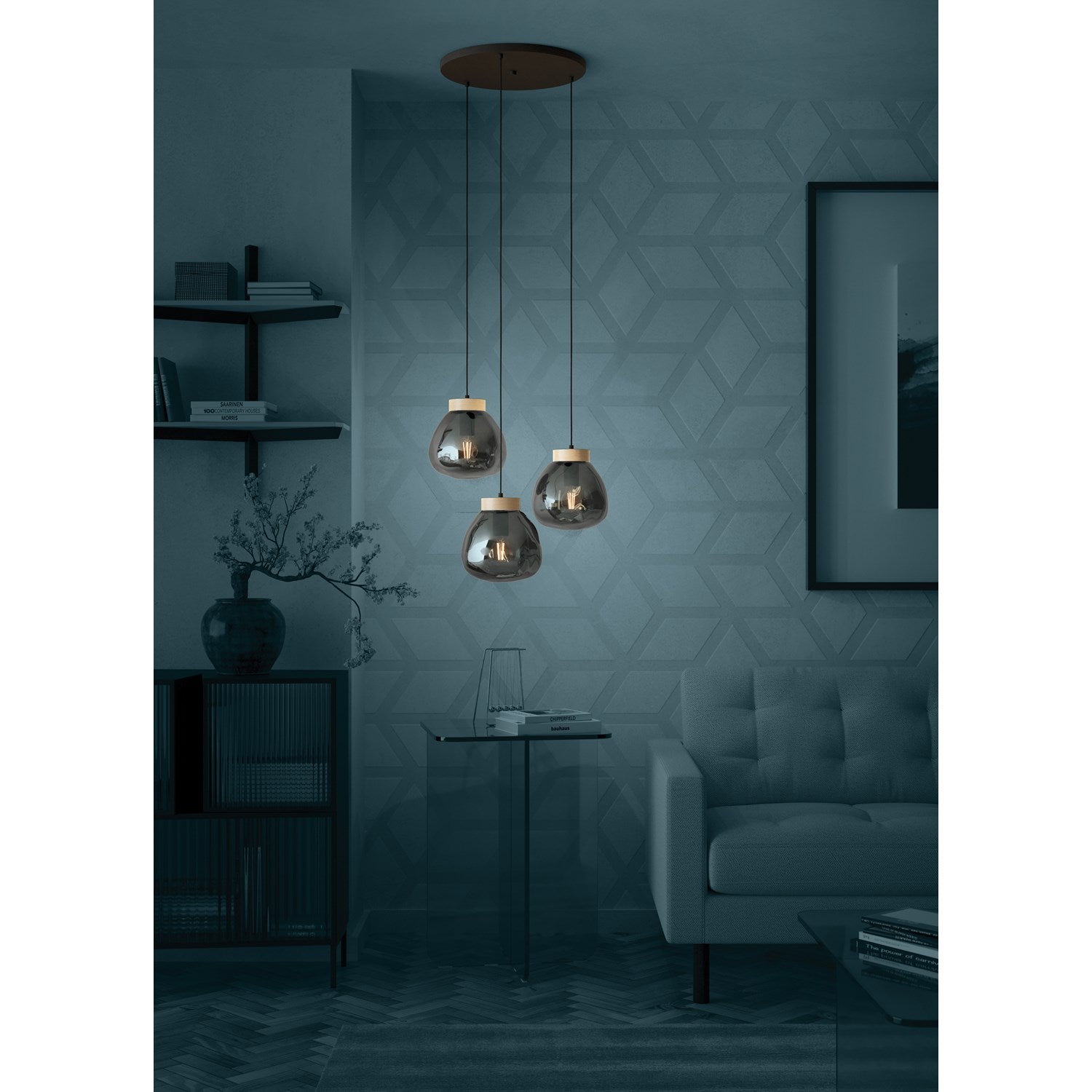 3 Light Cascade Pendant Black W/ Wood Accent Finish & Chrome Smoked Glass Shade