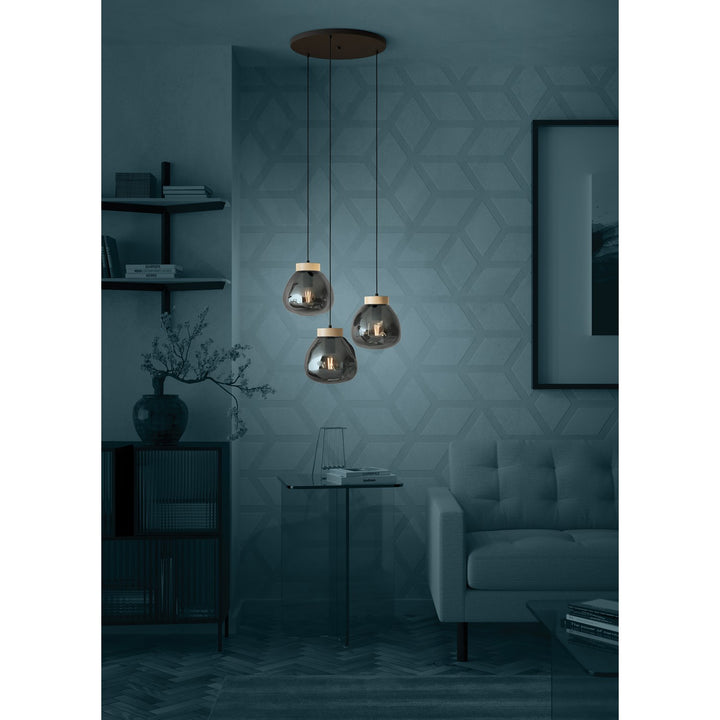 3 Light Cascade Pendant Black W/ Wood Accent Finish & Chrome Smoked Glass Shade