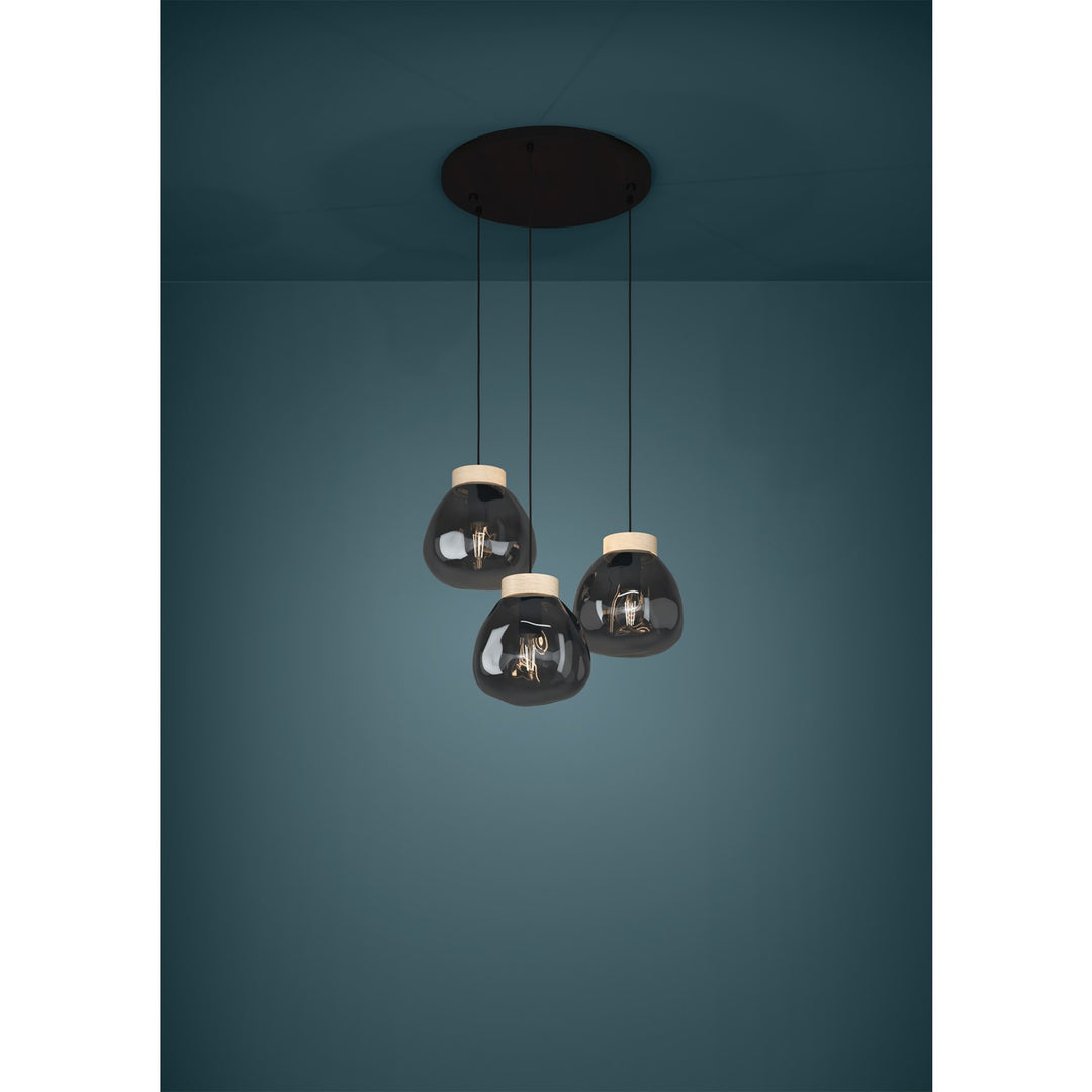 3 Light Cascade Pendant Black W/ Wood Accent Finish & Chrome Smoked Glass Shade