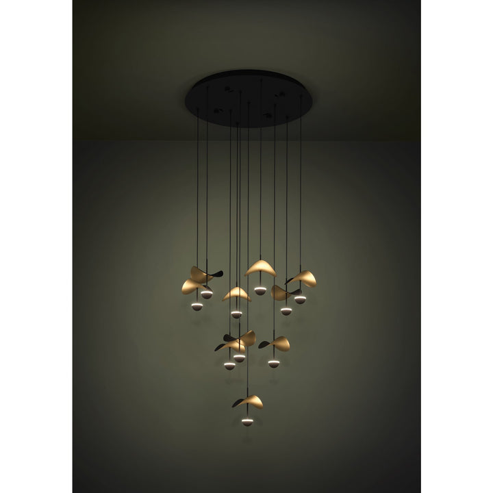 10 Light Integrated Led Cascade Pendant W/ Black Finish & Black
