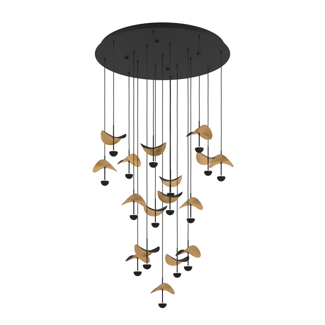 17 Light Led Cascade Pendant W/ Black Finish & Black & Gold Leaf Shades by Eglo