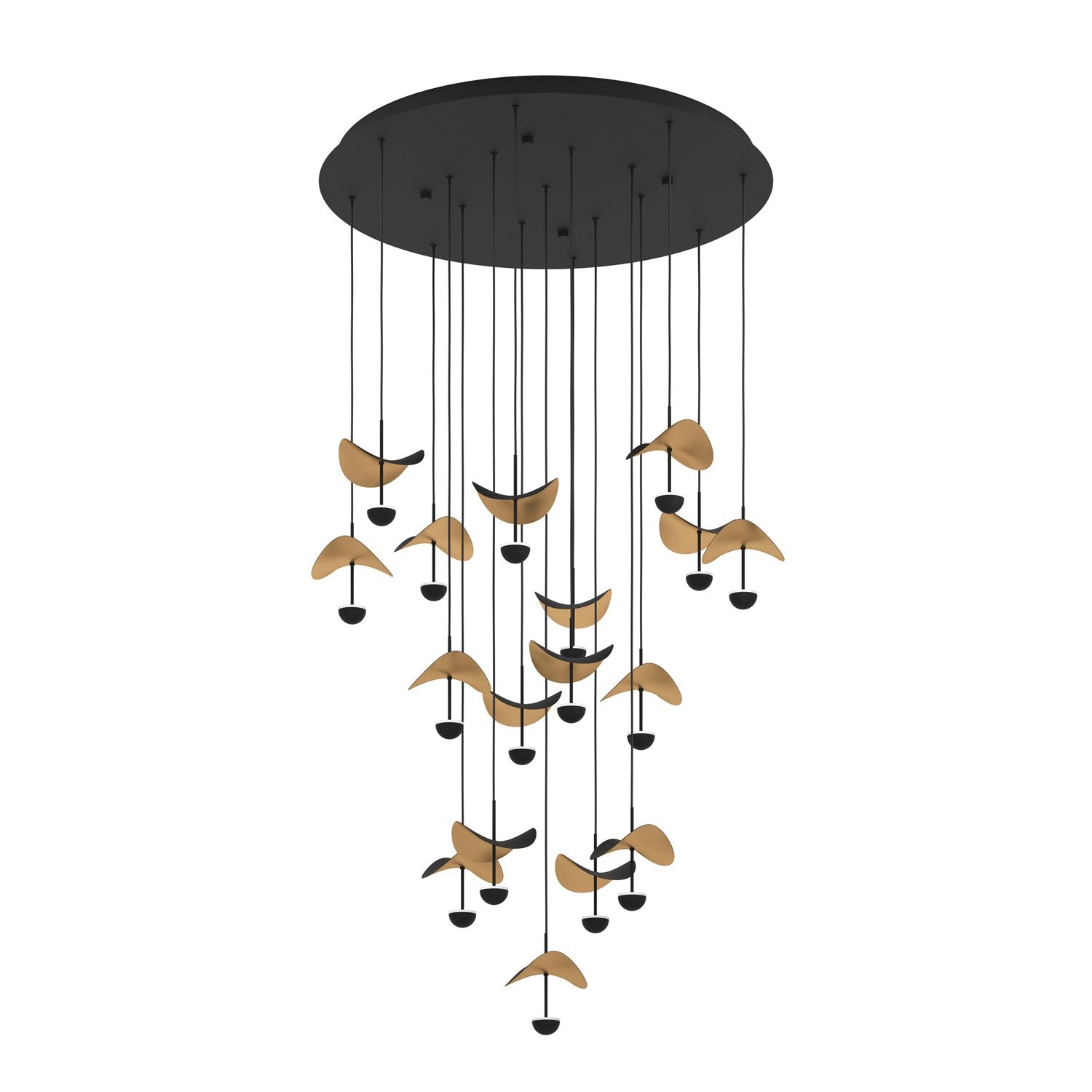 17 Light Led Cascade Pendant W/ Black Finish & Black & Gold Leaf Shades by Eglo