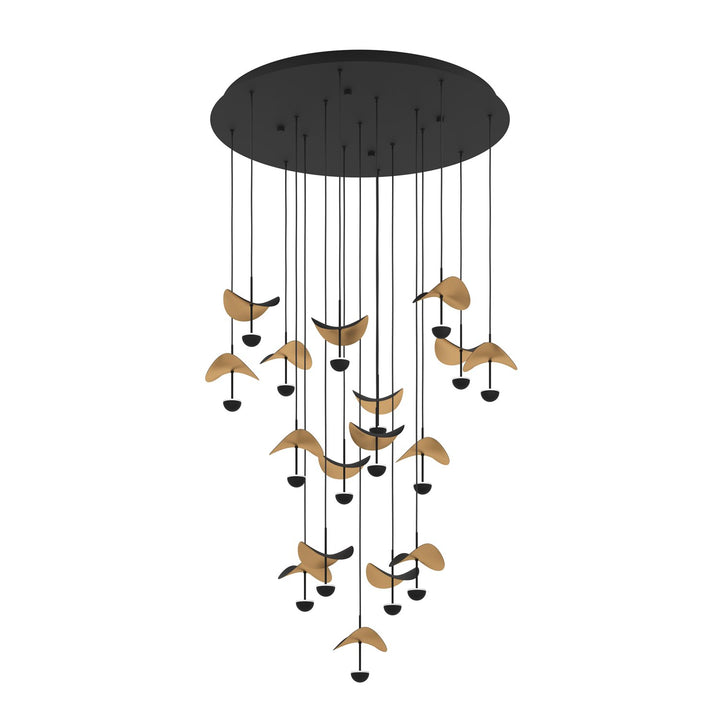 17 Light Led Cascade Pendant W/ Black Finish & Black & Gold Leaf Shades by Eglo