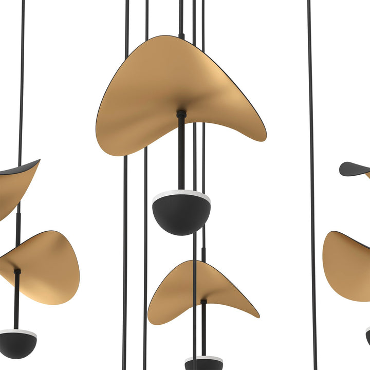 17 Light Led Cascade Pendant W/ Black Finish & Black & Gold Leaf Shades