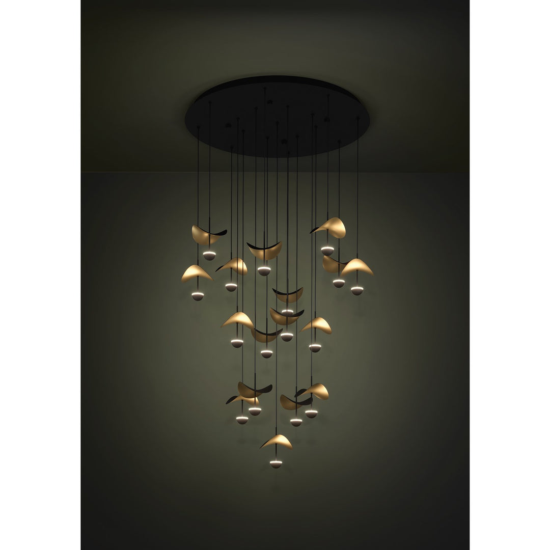 17 Light Led Cascade Pendant W/ Black Finish & Black & Gold Leaf Shades