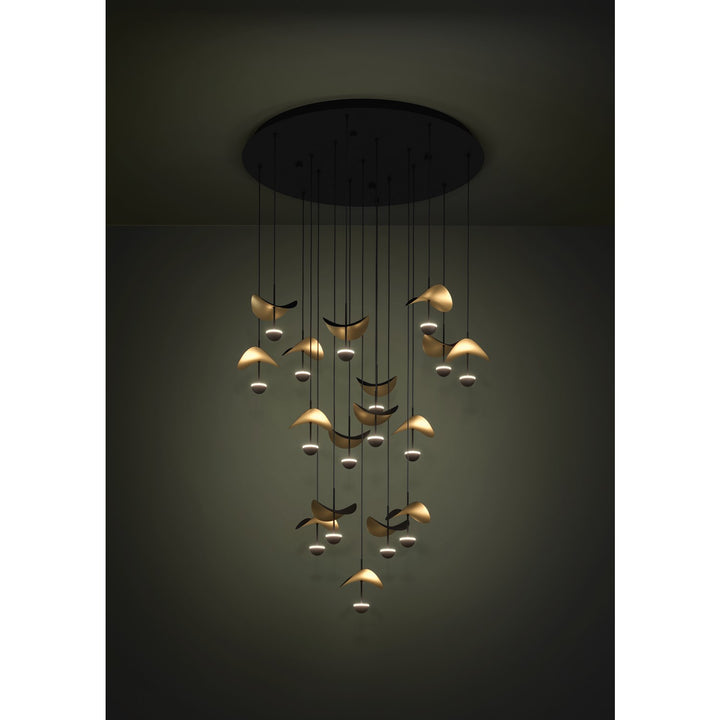 17 Light Led Cascade Pendant W/ Black Finish & Black & Gold Leaf Shades