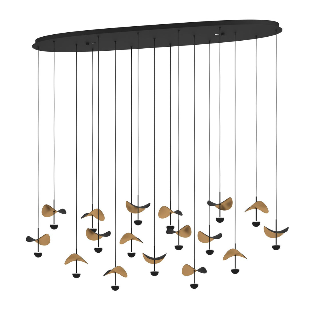 17 Light Linear Pendant W/ Black Finish & Black & Gold Leaf Shades by Eglo