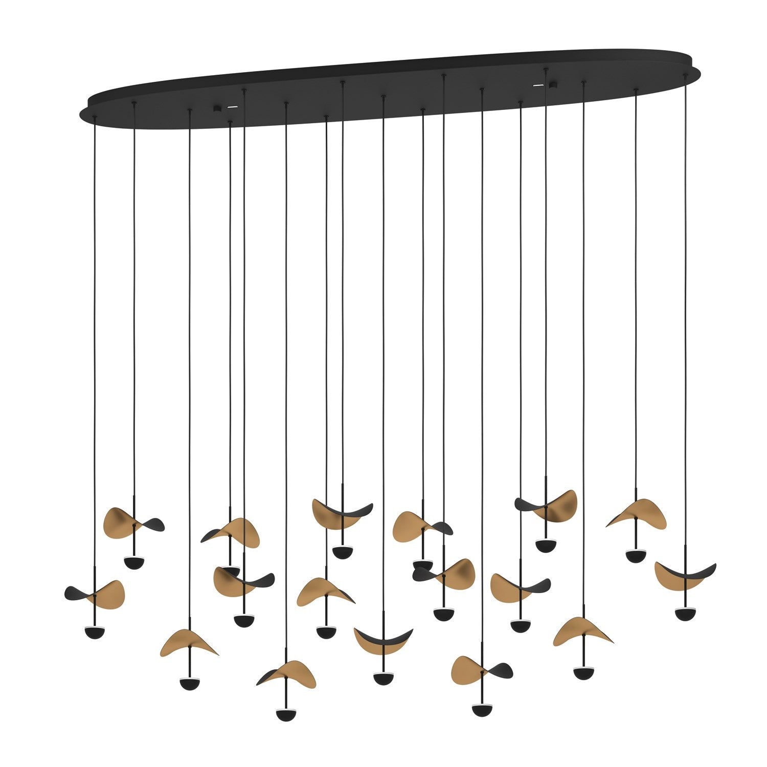 17 Light Linear Pendant W/ Black Finish & Black & Gold Leaf Shades by Eglo