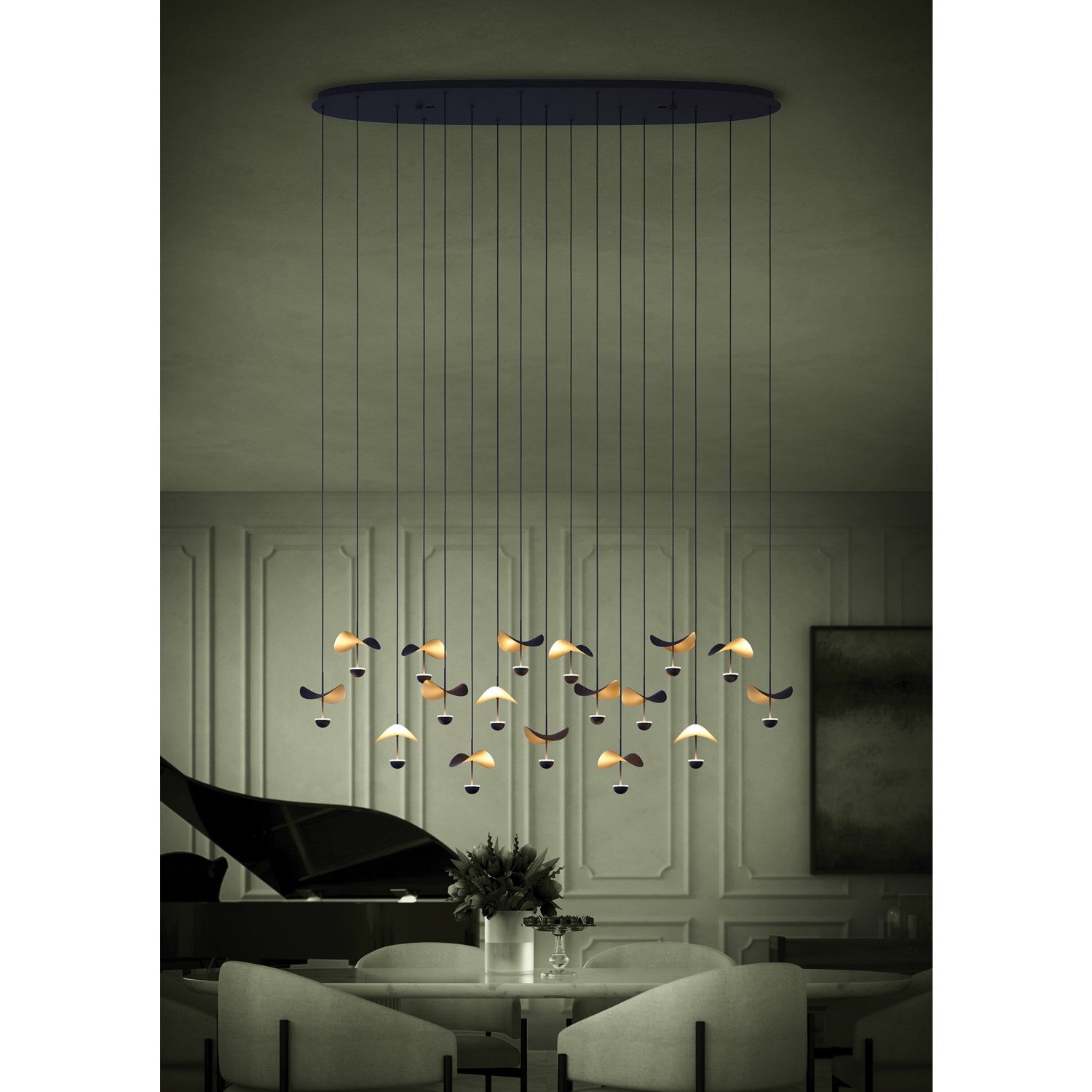 17 Light Linear Pendant W/ Black Finish & Black & Gold Leaf Shades