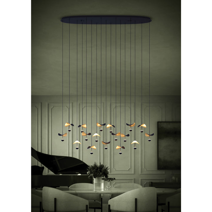 17 Light Linear Pendant W/ Black Finish & Black & Gold Leaf Shades