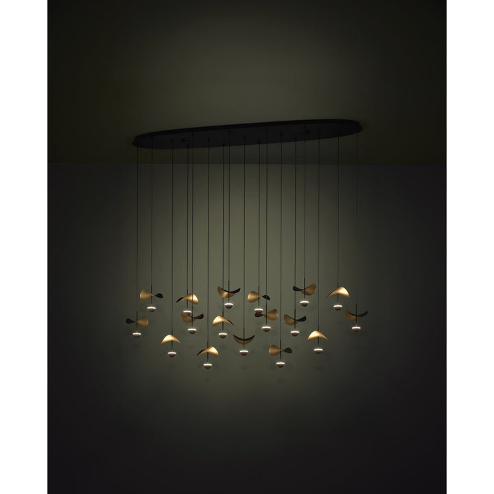 17 Light Linear Pendant W/ Black Finish & Black & Gold Leaf Shades