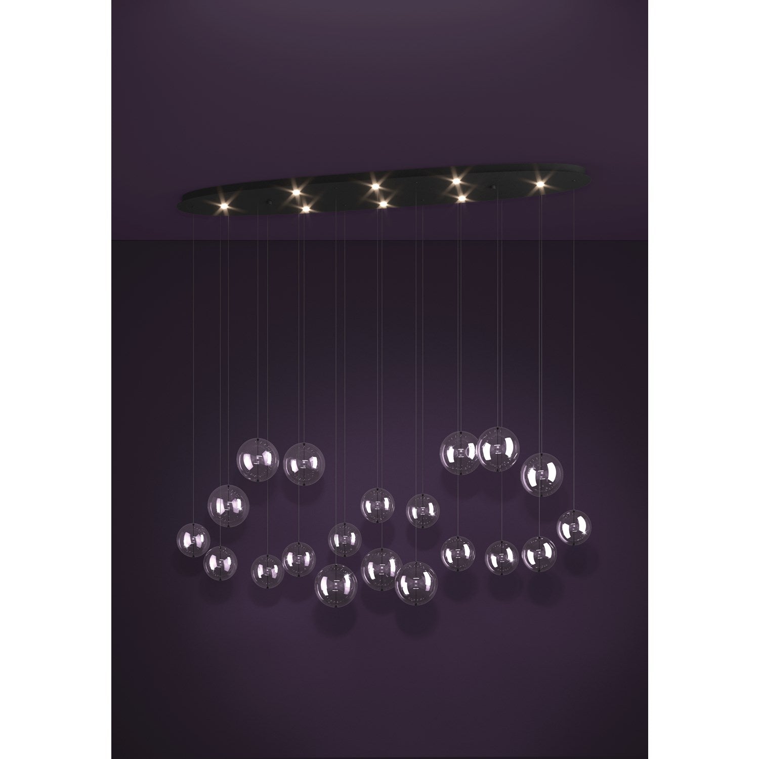 8 Light Led Oval Linear Pendant W/ Black Finish & 20 Clear Glass Shades