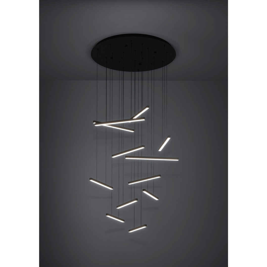 12 Light Led Cascade Pendant W/ Black Finish & Black Light Bars
