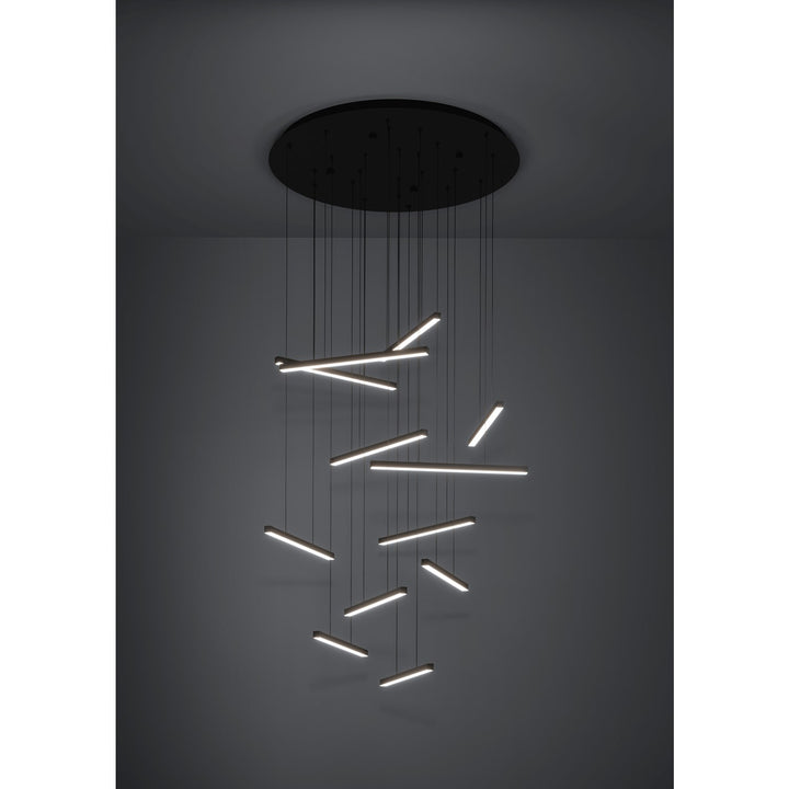 12 Light Led Cascade Pendant W/ Black Finish & Black Light Bars