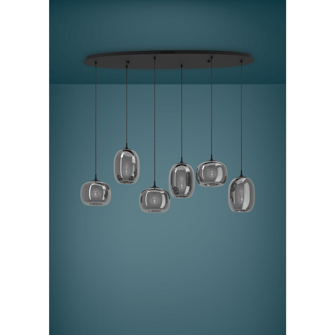 6 Light 3Cct Led Linear Pendant W/ Black Finish & Smoked Glass Shades