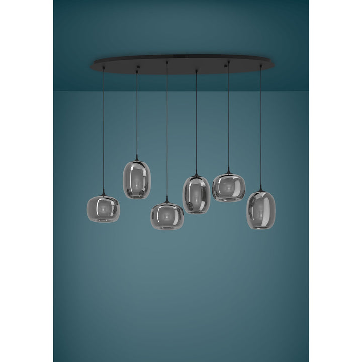 6 Light 3Cct Led Linear Pendant W/ Black Finish & Smoked Glass Shades