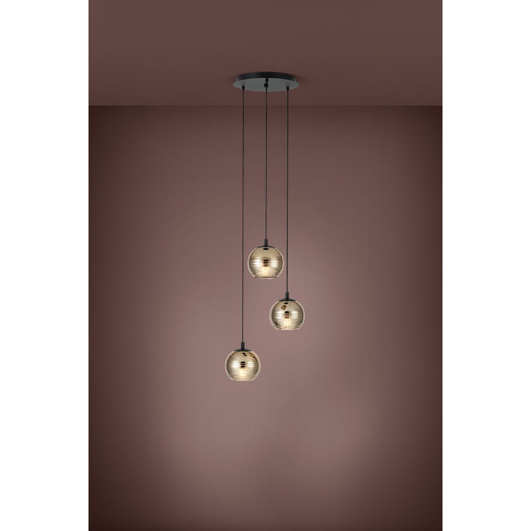 3 Light Round Cascade Pendant W/ Black Finish & Gold Smoked Glass Shades