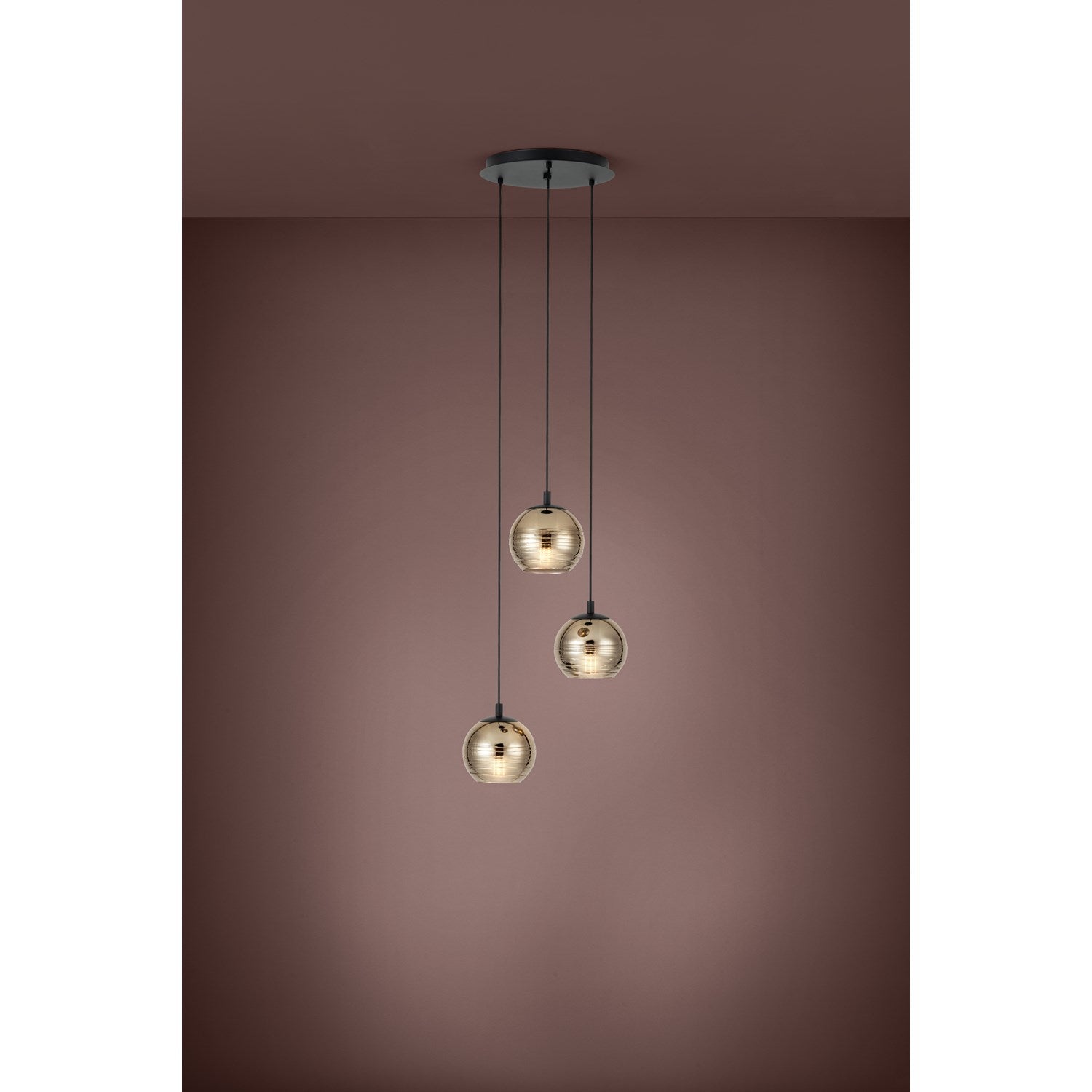 3 Light Round Cascade Pendant W/ Black Finish & Gold Smoked Glass Shades