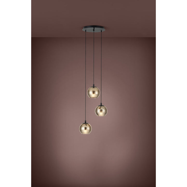 3 Light Round Cascade Pendant W/ Black Finish & Gold Smoked Glass Shades