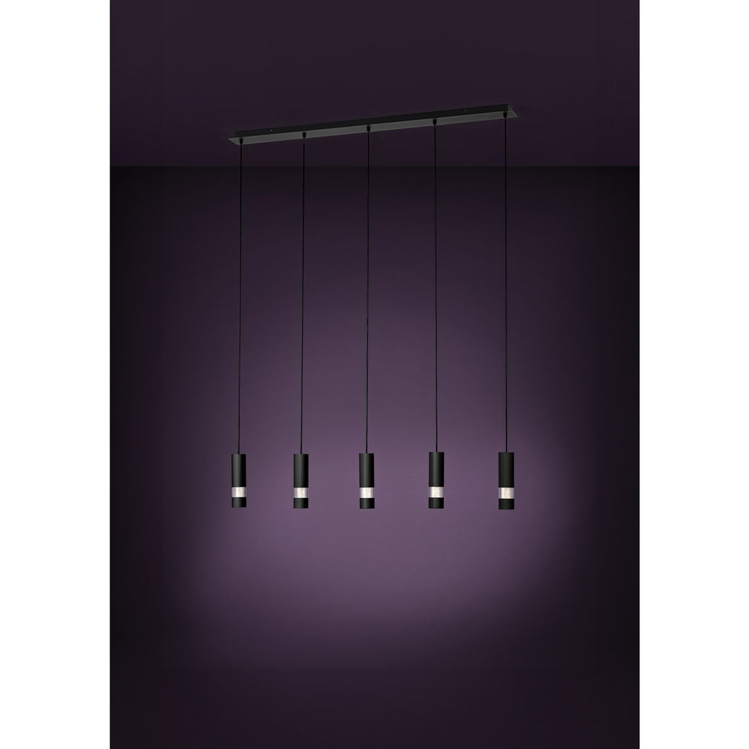5 Light Led Linear Pendant W/ Black Finish & Black Cylinder Shades