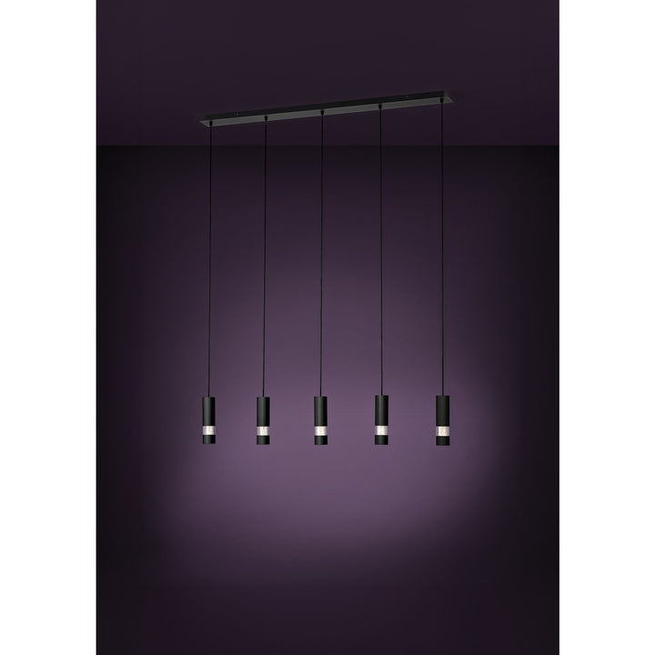 5 Light Led Linear Pendant W/ Black Finish & Black Cylinder Shades
