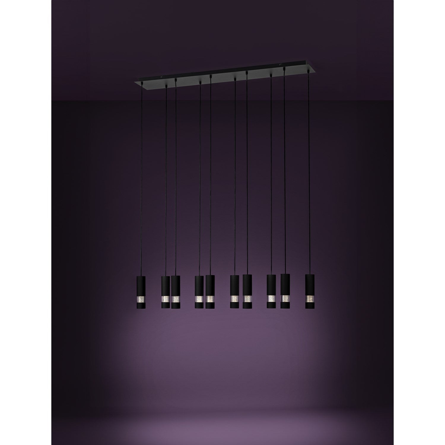 10 Light Led Linear Pendant W/ Black Finish & Black Cylnder Shades