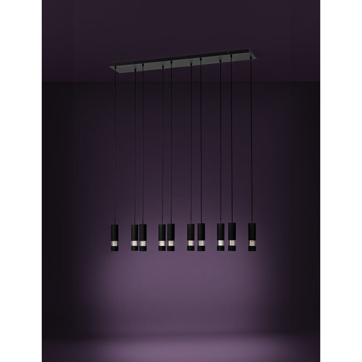 10 Light Led Linear Pendant W/ Black Finish & Black Cylnder Shades