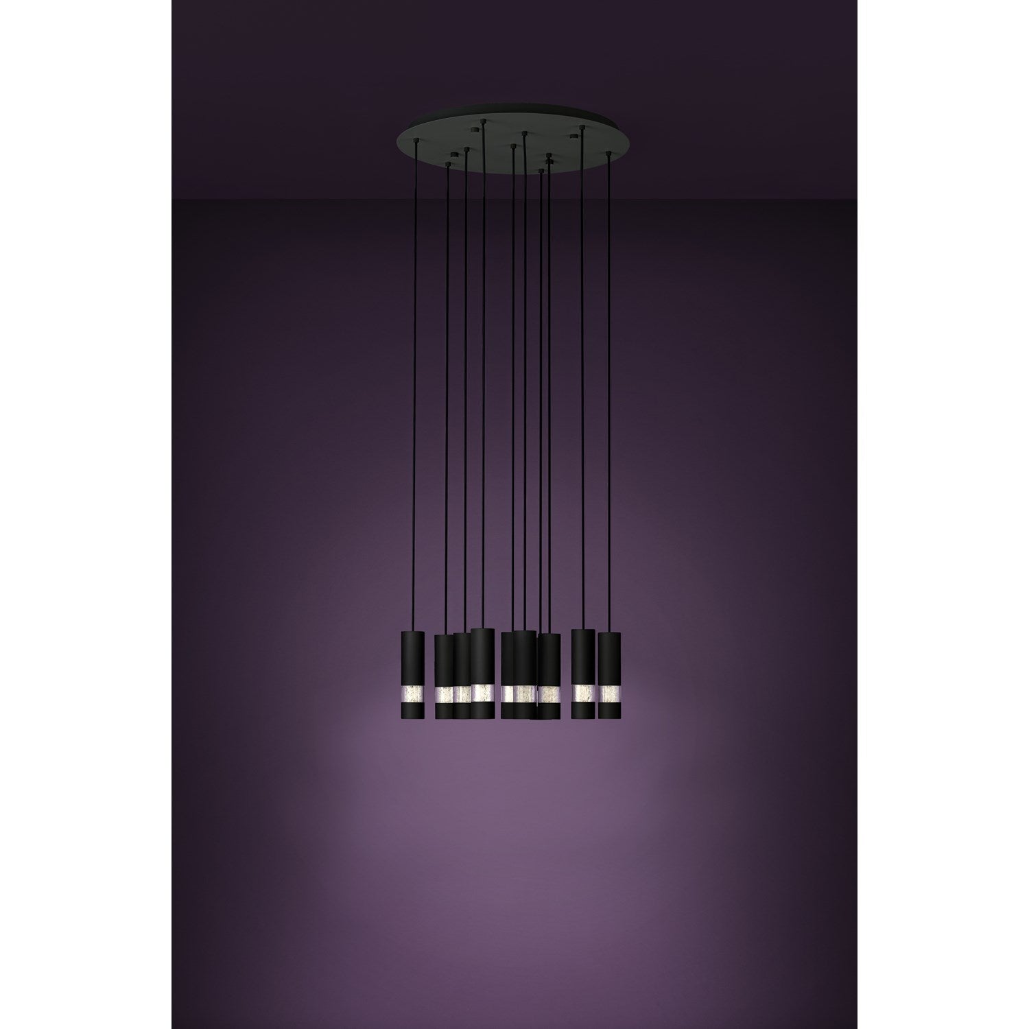 10 Light Led Circular Pendant W/ Black Finish & Black Cylinder Shades