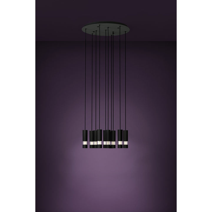 10 Light Led Circular Pendant W/ Black Finish & Black Cylinder Shades